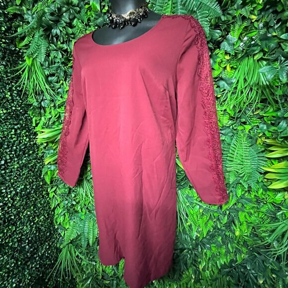 LANE BRYANT Women Dress 18/20 Red Flare A Line Lace Sleeve Round Neckline 1023 - Picture 5 of 8